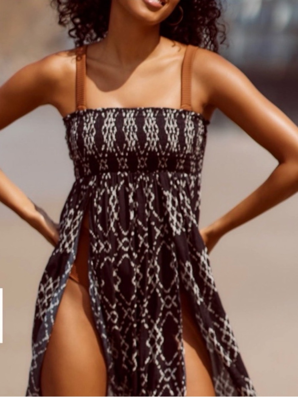 Anthropologie Black Patterned Smocked Beach Coverup with Tan Straps